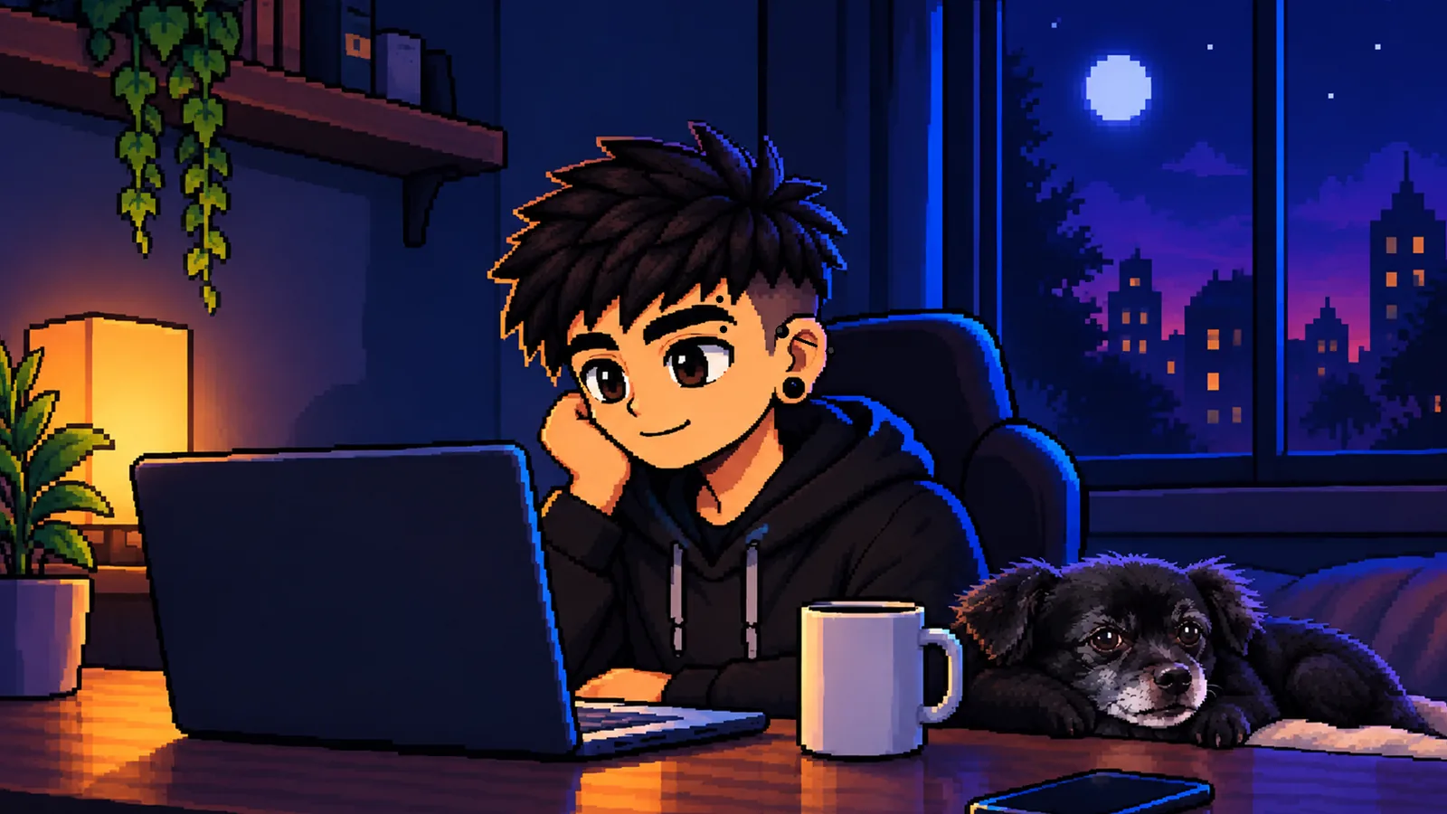 Raul in pixel art at a laptop at night, with Puky lying by the desk