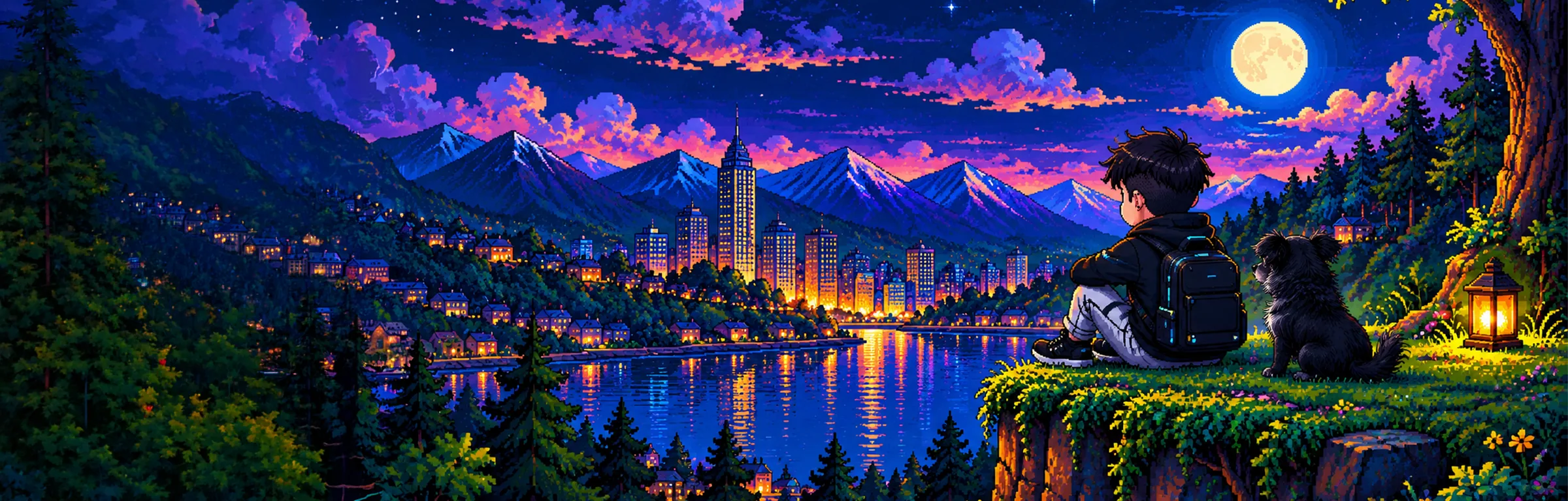 Raul and his dog look over the city at night, in pixel art